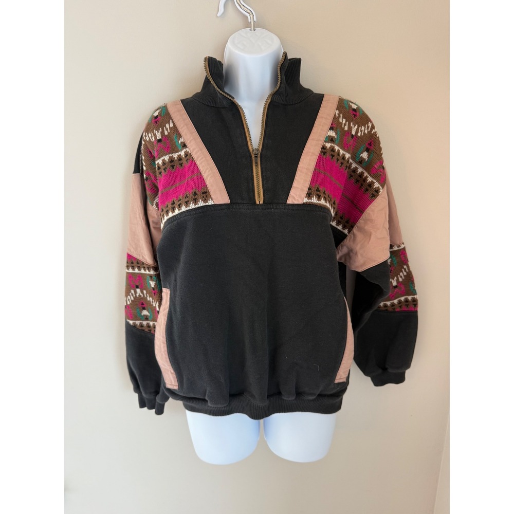 La Mode des Montagnes Pullover Small Black Pink Vintage 90s Retro Ski 1/4 Zip
